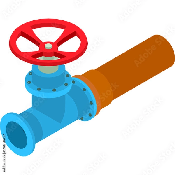 Fototapeta Red Handwheel On Blue Industrial Pipe Fitting With Brown Tube Section In Isometric View Against Transparent Background