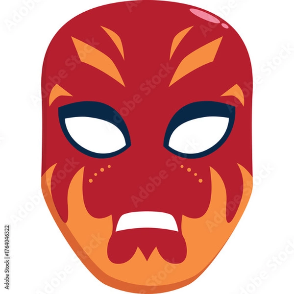 Fototapeta Red and orange tribal mask with fierce expression and white eye cutouts isolated on transparent background