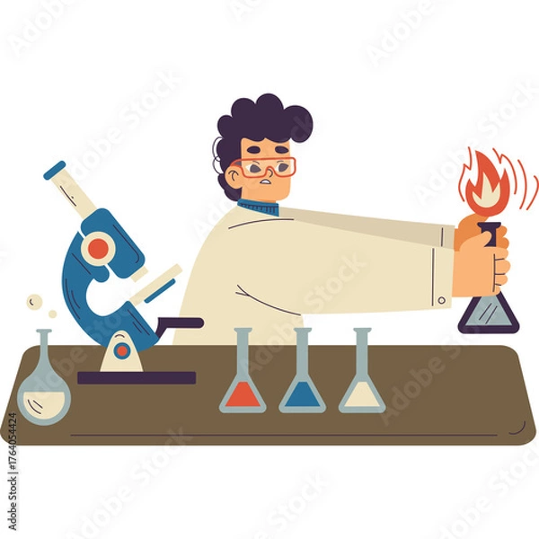 Fototapeta Scientist Wearing Lab Coat Holding Flask with Flame Next to Microscope and Beakers on Table With Transparent Background