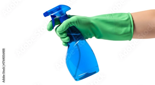 Fototapeta A hand wearing a green glove holding a blue spray bottle, isolated on transparent background	
