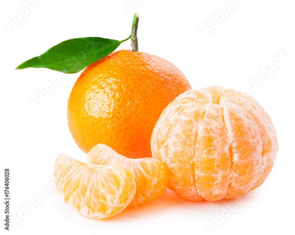 Obraz angerine or clementine with green leaf and slices isolated on white