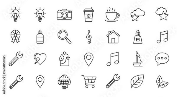 Fototapeta Collection of various line icons, representing different concepts and objects in a simple and minimalist design