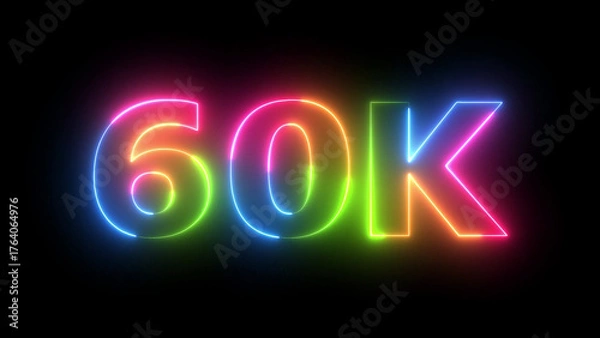 Obraz 60K multicolored neon glowing number counter, vibrant electric sign for follower milestones