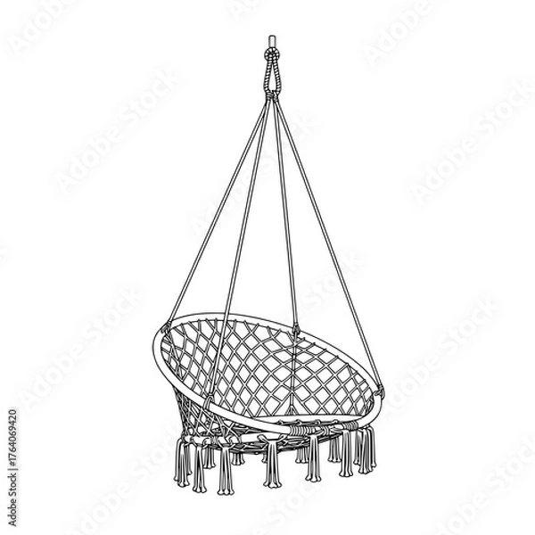 Fototapeta Handdrawn illustration of a macrame hanging chair with tassels.