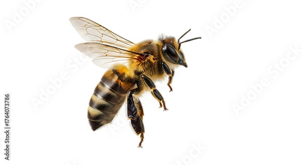 Fototapeta honey bee with translucent wings and striped abdomen in flight, cutout, PNG isolated on white or transparent background