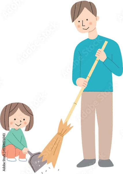 Obraz 箒で掃除をする親子
