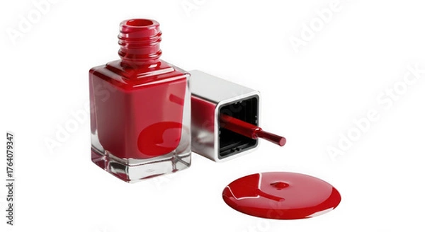 Fototapeta Red nail polish bottle with brush and spilled polish isolated on transparent background