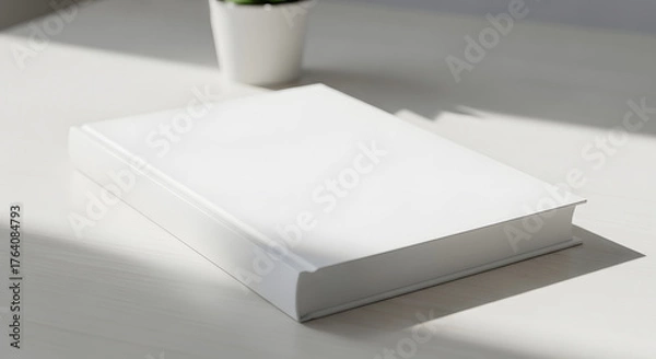 Fototapeta Blank white book resting on a white surface with soft shadows and natural light