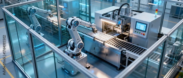 Fototapeta Modern industrial production line with automated robotic arms for efficient manufacturing process.