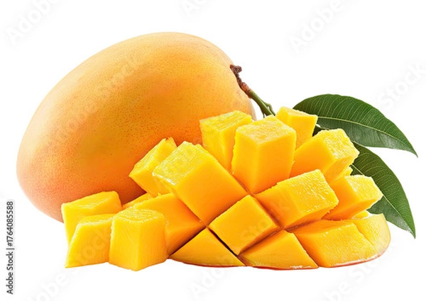 Obraz Ripe mango and cut fruit chunks with green leaf detail