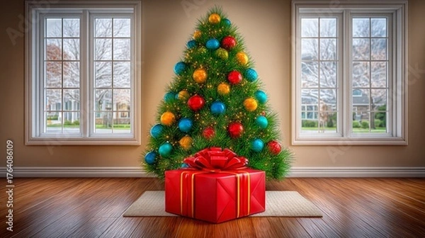 Fototapeta A Christmas tree with only one single large present underneath