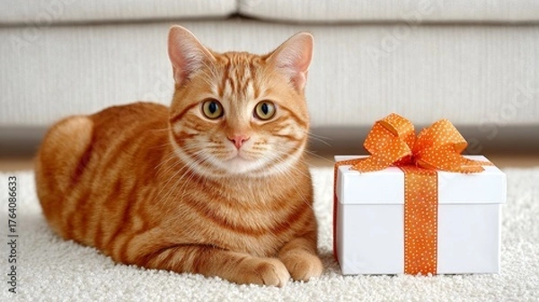 Fototapeta A cat playing with the ribbon on a Christmas present