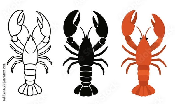 Fototapeta Vector Lobster, 3 versions, outline, silhouette and colored