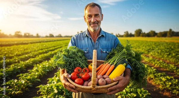 Obraz Smiling farmer holding a basket full of freshly picked produce in the middle of his cultivated field on a sunny day