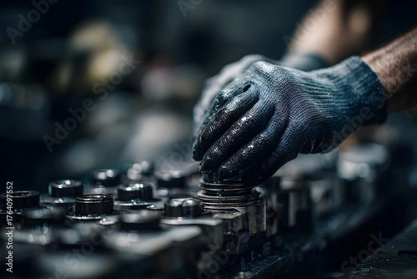 Obraz Gloved hands work on industrial components, highlighting mechanical precision and craftsmanship.