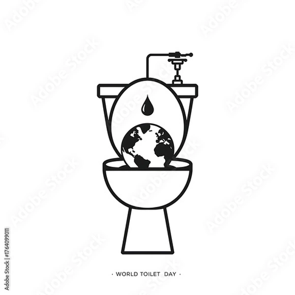 Fototapeta A toilet illustration depicts the earth being flushed down, with a single water droplet falling.