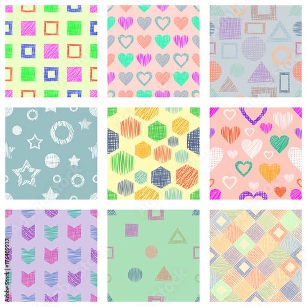 Obraz Set of seamless vector geometrical patterns with different geometric figures, forms. pastel endless background with hand drawn textured geometric figures. Graphic vector illustration