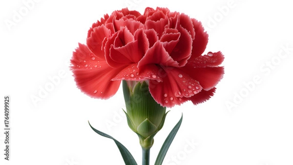 Fototapeta Vibrant red carnation flower with water droplets on petals isolated on black