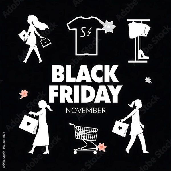 Fototapeta A black background showcases white silhouettes representing Black Friday shopping and merchandise.