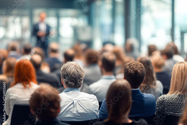 Fototapeta Audience attending seminar in modern conference room
