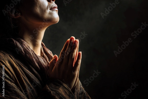 Fototapeta Woman praying in darkness with hopeful expression