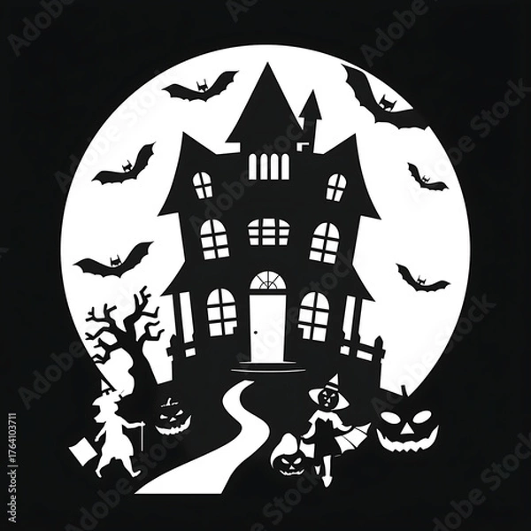 Fototapeta A silhouette image depicts a haunted house scene with bats, witches, pumpkins, and a full moon backdrop.