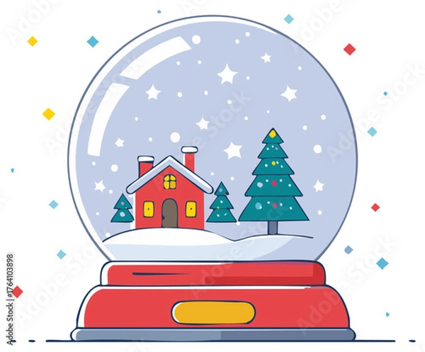 Obraz Festive snow globe illustration with a red house, fir trees and falling snow