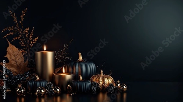 Obraz A festive Halloween arrangement with black and gold pumpkins, candles, and autumn leaves on a dark background.