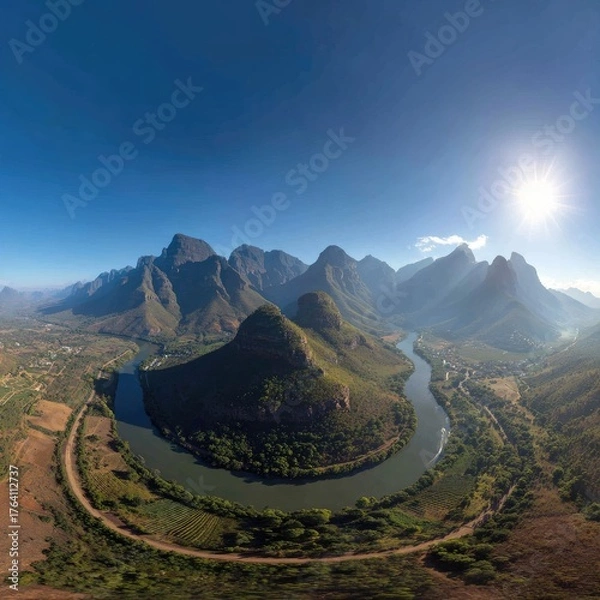 Obraz Aerial Panorama Of Winding River And Mountains