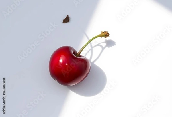 Obraz Single ripe cherry, sunlit, cast shadow on white,  design element,  macro