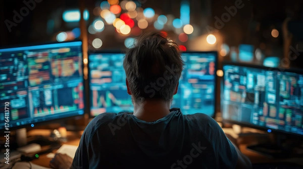 Fototapeta Focused stock analyst working late with financial charts on screens reflecting intense market study