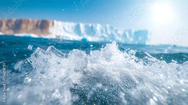 Fototapeta Dynamic ocean waves crashing against the icebergs under a bright blue sky, capturing the beauty of nature and climate change.