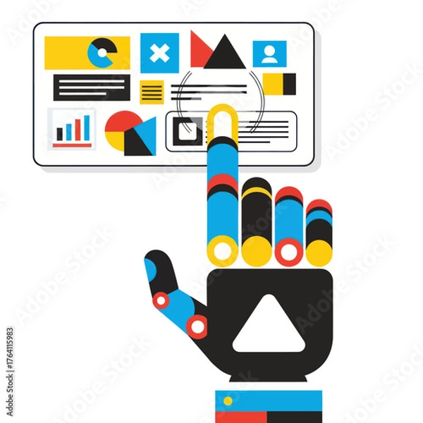 Fototapeta Robotic hand interacting with a futuristic digital data dashboard.