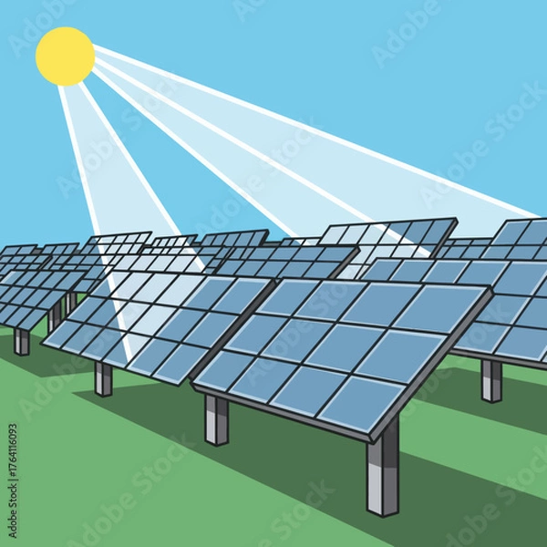 Fototapeta Solar panel farm generating renewable energy from the sun.