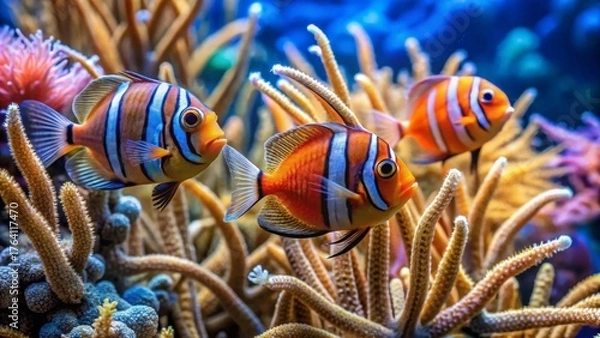 Fototapeta Vibrant Reef Inhabitants Three Strikingly Colored Fish Gracefully Navigate a Lush Coral Ecosystem