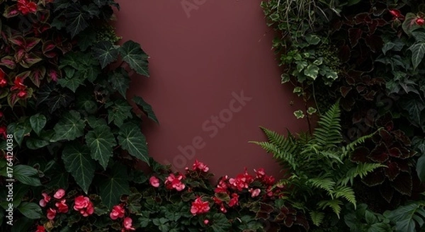 Obraz Botanical beauty displays vibrant flora against a deep red wall, creating a natural contrast