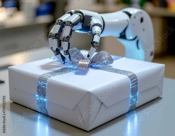 Obraz A robotic arm meticulously wrapping a Christmas gift, which has glowing data patterns on its wrapping paper