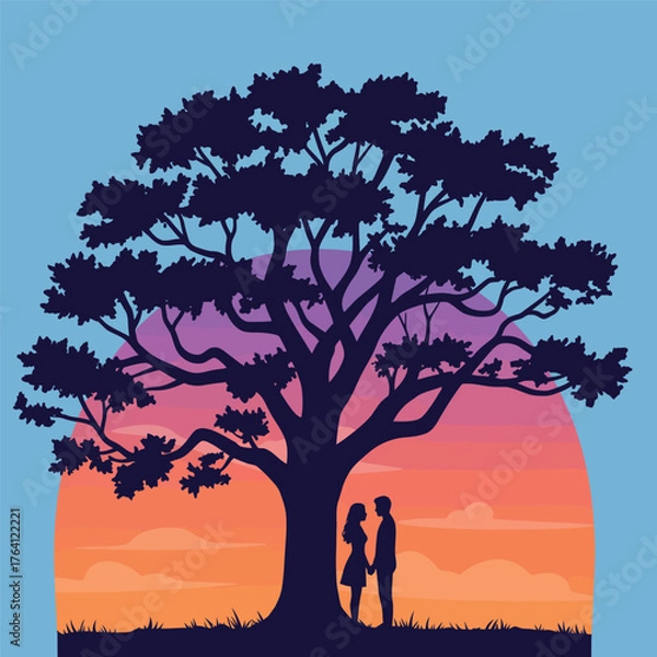 Obraz Romantic Sunset Silhouette Under a Large Tree