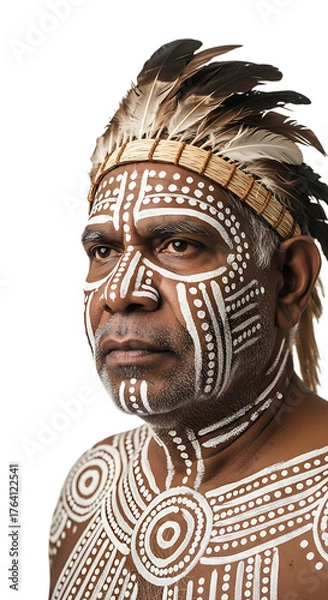 Fototapeta Aboriginal man with traditional face paint isolated on transparent background