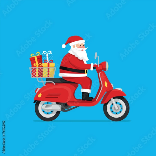 Fototapeta Santa Claus delivering gifts on a red scooter.