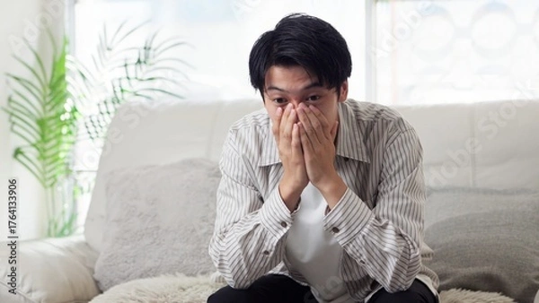 Obraz ソファで落ち込むアジア人男性