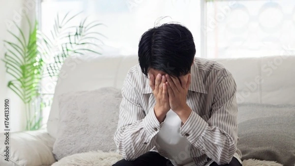 Obraz ソファで落ち込むアジア人男性