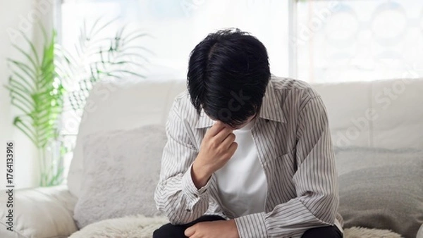 Obraz ソファで落ち込むアジア人男性