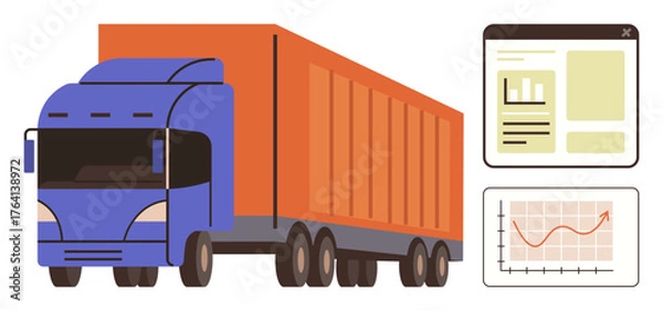 Fototapeta Cargo truck with logistics dashboard and performance graphs. Ideal for transportation, logistics, delivery, supply chain, efficiency, shipping, freight management. Clean flat metaphor