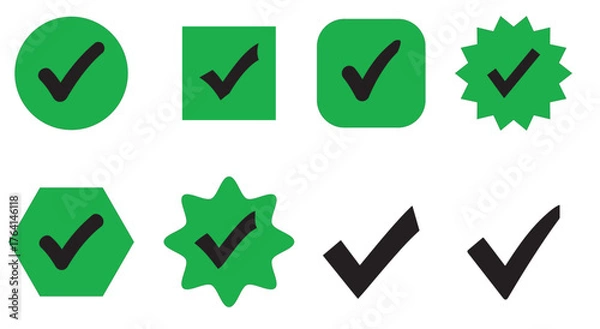 Fototapeta Collection of green check mark icons isolated on white background includes various shapes such as circles, squares, stars, hexagons, and simple check marks, all in a flat design style