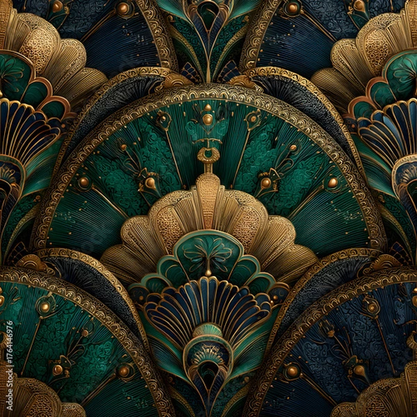 Fototapeta Traditional Thai temple ceiling detail with golden floral wood art pattern and ancient religious architecture