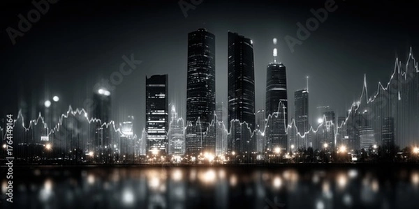 Fototapeta Double exposure image of a business stock chart overlaid with a city view