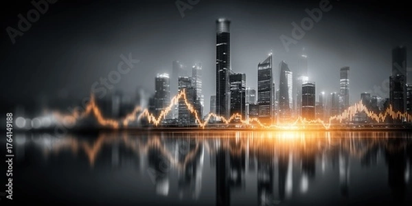 Fototapeta Double exposure image of a business stock chart overlaid with a city view