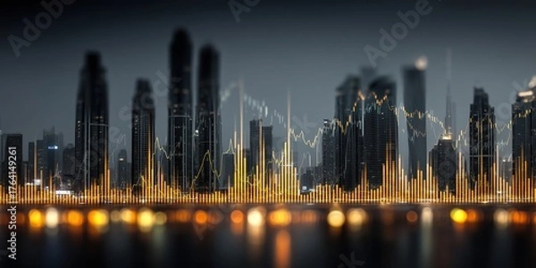 Fototapeta Double exposure image of a business stock chart overlaid with a city view