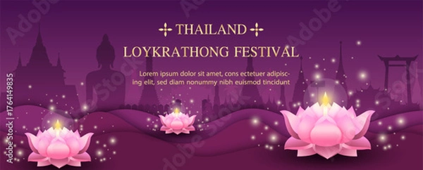 Obraz Poster of Thailand tradition in river worship, Loy Kratong Festival with wording of event, example texts on silhouette of ancient temples and gradient of red purple background.